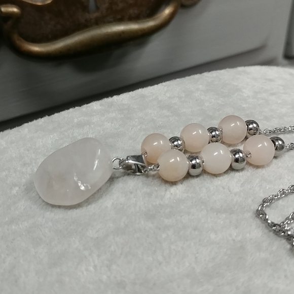 Peach Aventurine Rose Quartz Necklace Natural Gemstone Pendant Stainless-Steel - Picture 13 of 15
